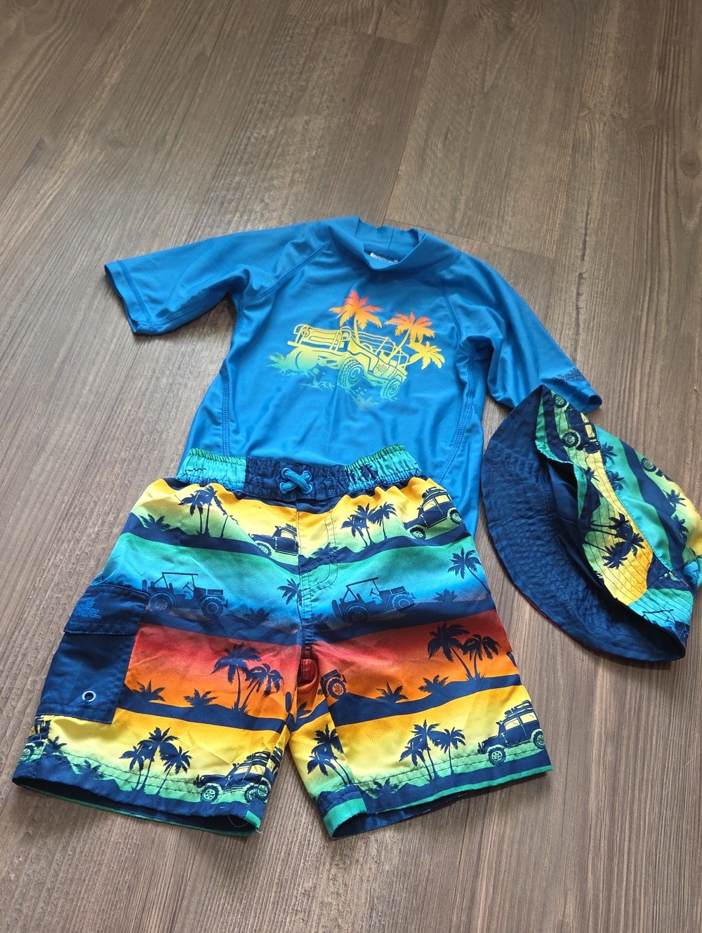 Kids Blue Tropical Swim Set with Palm Print Shorts